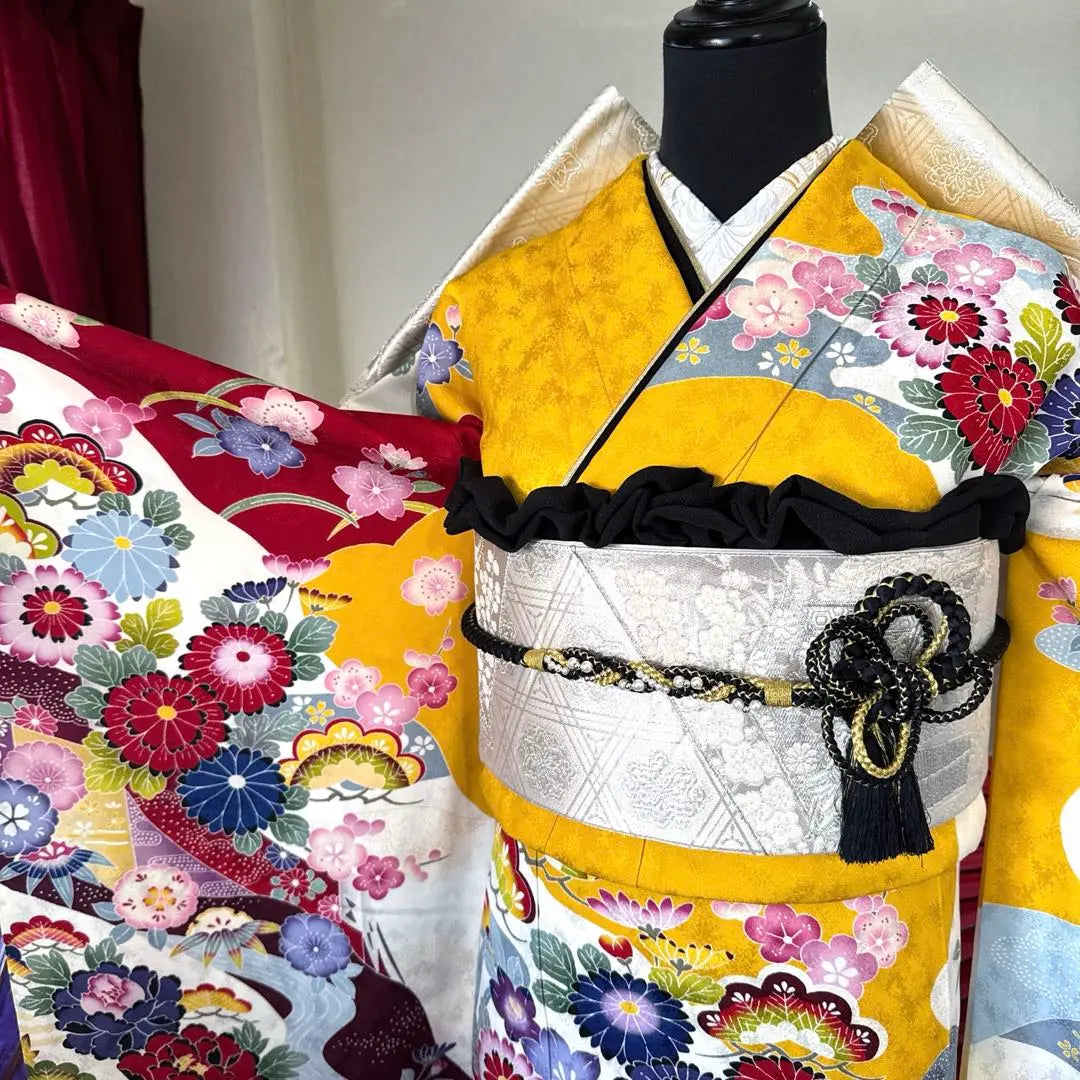 Full set of furisode (7 pieces), guard processed, dyed with mold, mai cherry blossoms, snowy circles, chrysanthemums, pine, bamboo, plum, cloisonne, ekasu