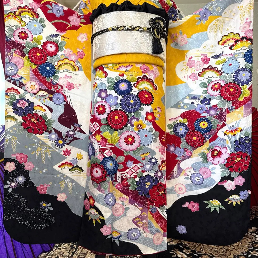 Full set of furisode (7 pieces), guard processed, dyed with mold, mai cherry blossoms, snowy circles, chrysanthemums, pine, bamboo, plum, cloisonne, ekasu