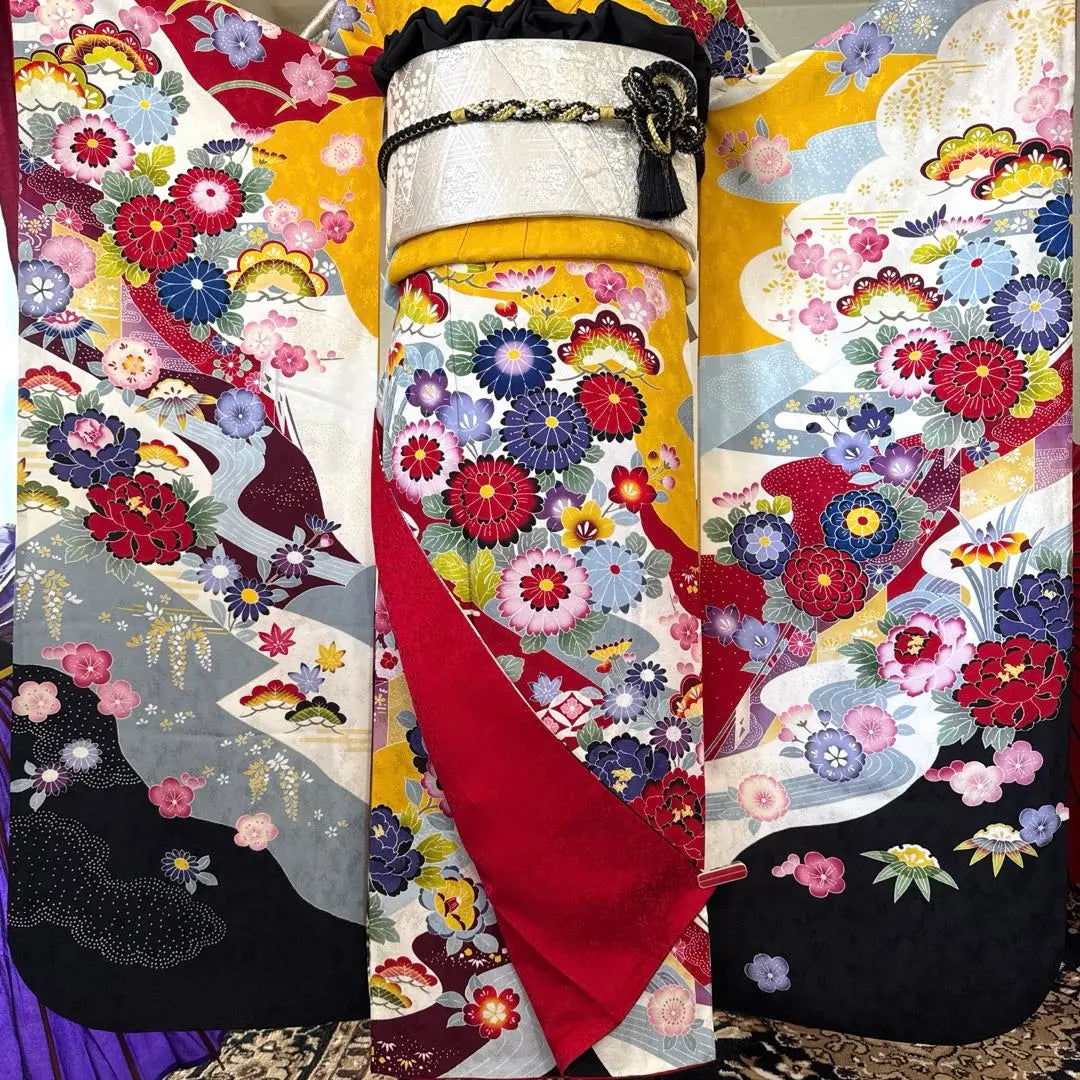 Full set of furisode (7 pieces), guard processed, dyed with mold, mai cherry blossoms, snowy circles, chrysanthemums, pine, bamboo, plum, cloisonne, ekasu