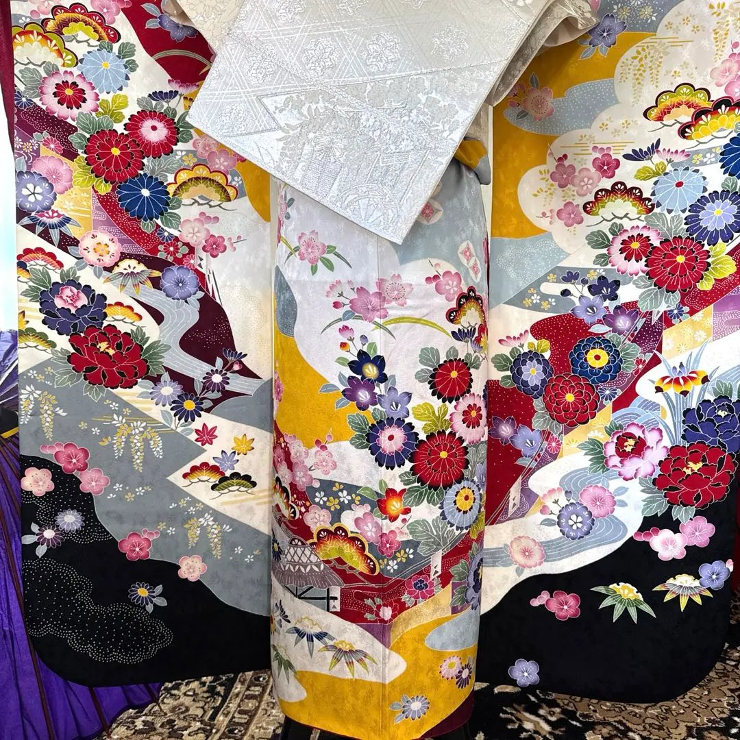 Full set of furisode (7 pieces), guard processed, dyed with mold, mai cherry blossoms, snowy circles, chrysanthemums, pine, bamboo, plum, cloisonne, ekasu