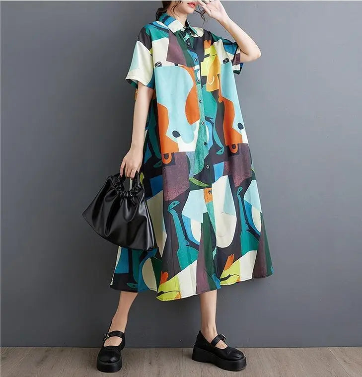 Large size women's long dress, spring/summer, autumn, new, short sleeve shirt