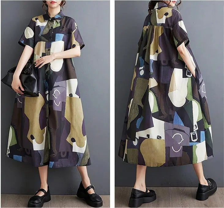 Large size women's long dress, spring/summer, autumn, new, short sleeve shirt