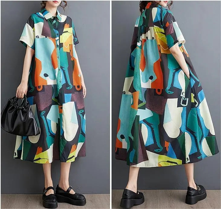 Large size women's long dress, spring/summer, autumn, new, short sleeve shirt