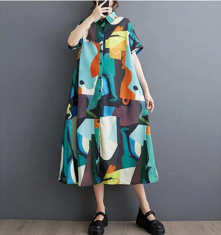 Large size women's long dress, spring/summer, autumn, new, short sleeve shirt