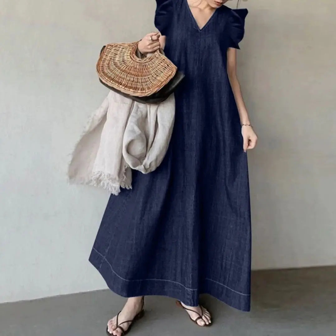 Summer and autumn outfit ❤️ Denim-style flare long dress for women's dates