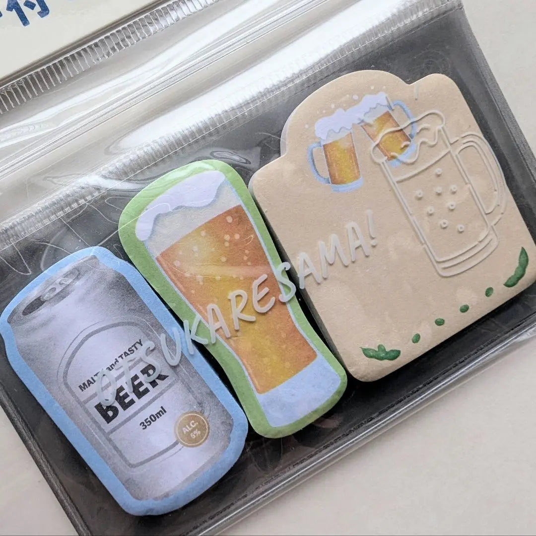 ★Beer &amp; Edamame★ Memo en forma de libro, notas adhesivas con bolsa, juego de 4 piezas, Can Do | ★ビール＆えだまめ★ ブック型メモ ポーチ付きふせん 4点セット キャンドゥ