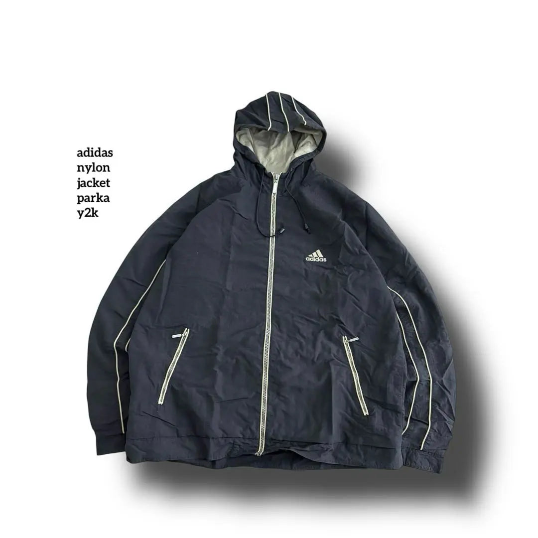 adidas nylon jacket hoodie y2k embroidery logo navy M