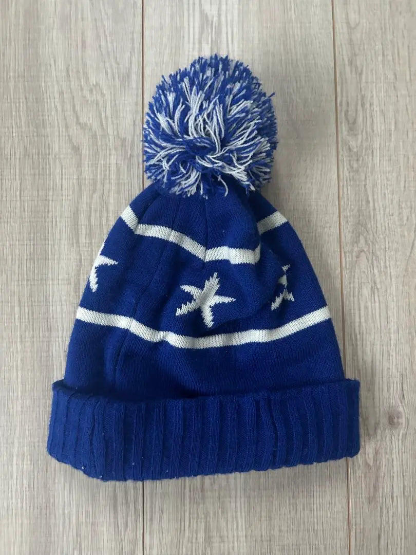 Men's beanie, blue, star pattern, with pompon