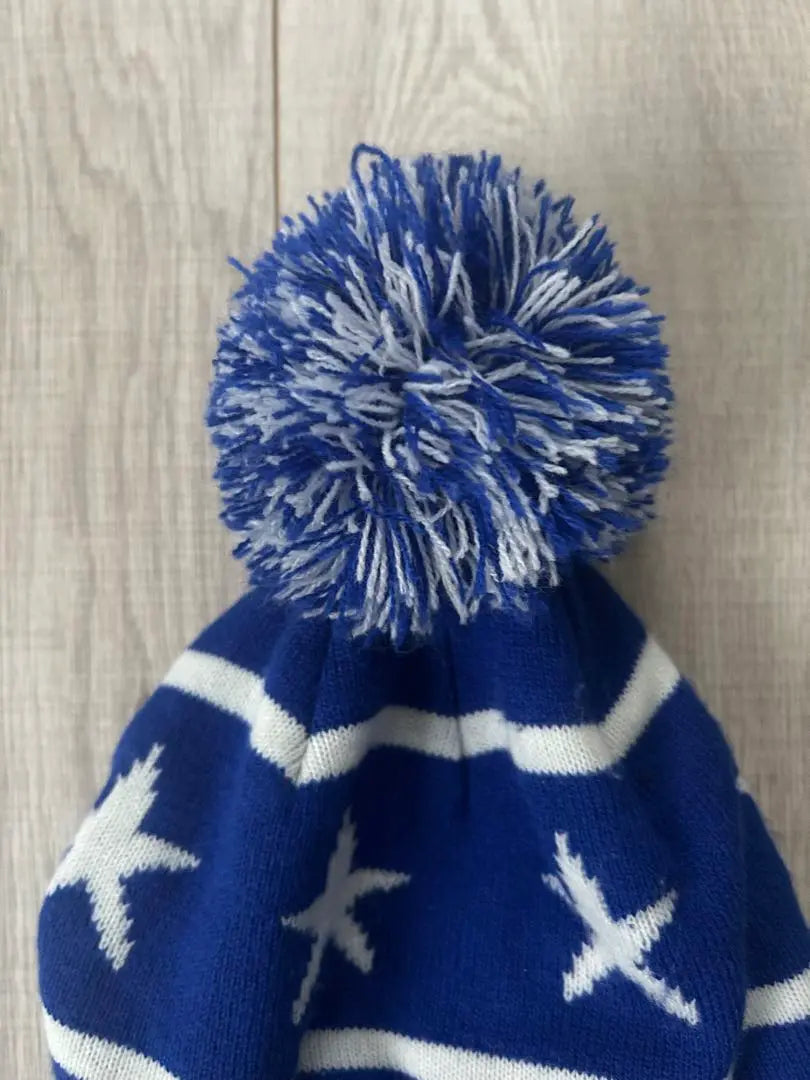 Men's beanie, blue, star pattern, with pompon