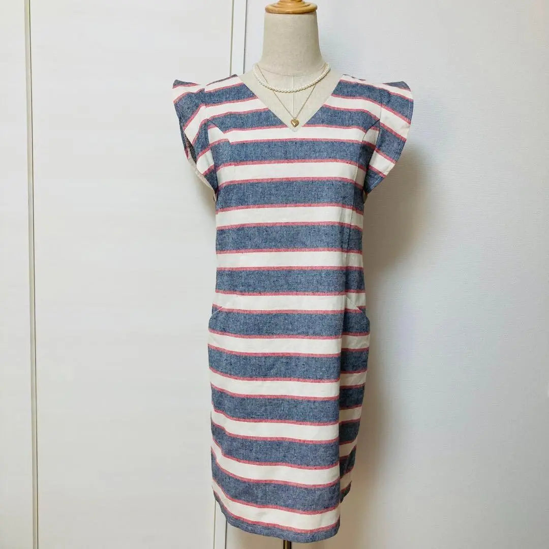 Good condition Mercury Duo Short-sleeved knee-length dress Linen cotton Multi-border