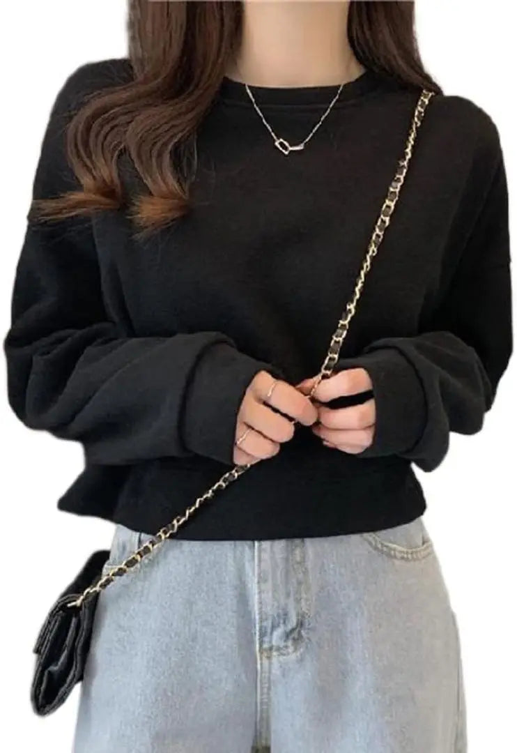 ✨Same-day shipping✨Women's cropped length sweatshirt XL size Black Simple | ✨即日発送✨レディース クロップド丈 トレーナー XLサイズ ブラック シンプル