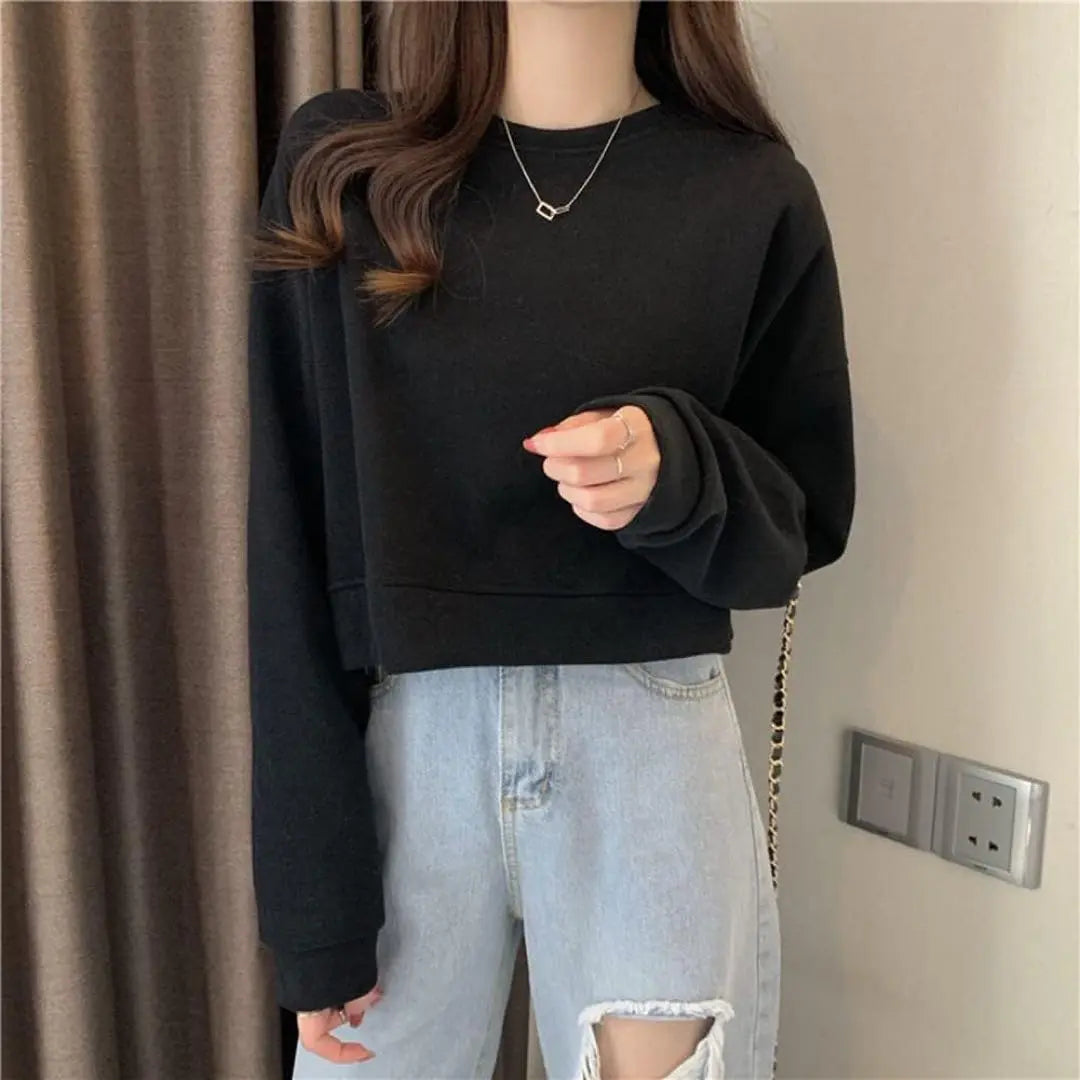 ✨Same-day shipping✨Women's cropped length sweatshirt XL size Black Simple | ✨即日発送✨レディース クロップド丈 トレーナー XLサイズ ブラック シンプル