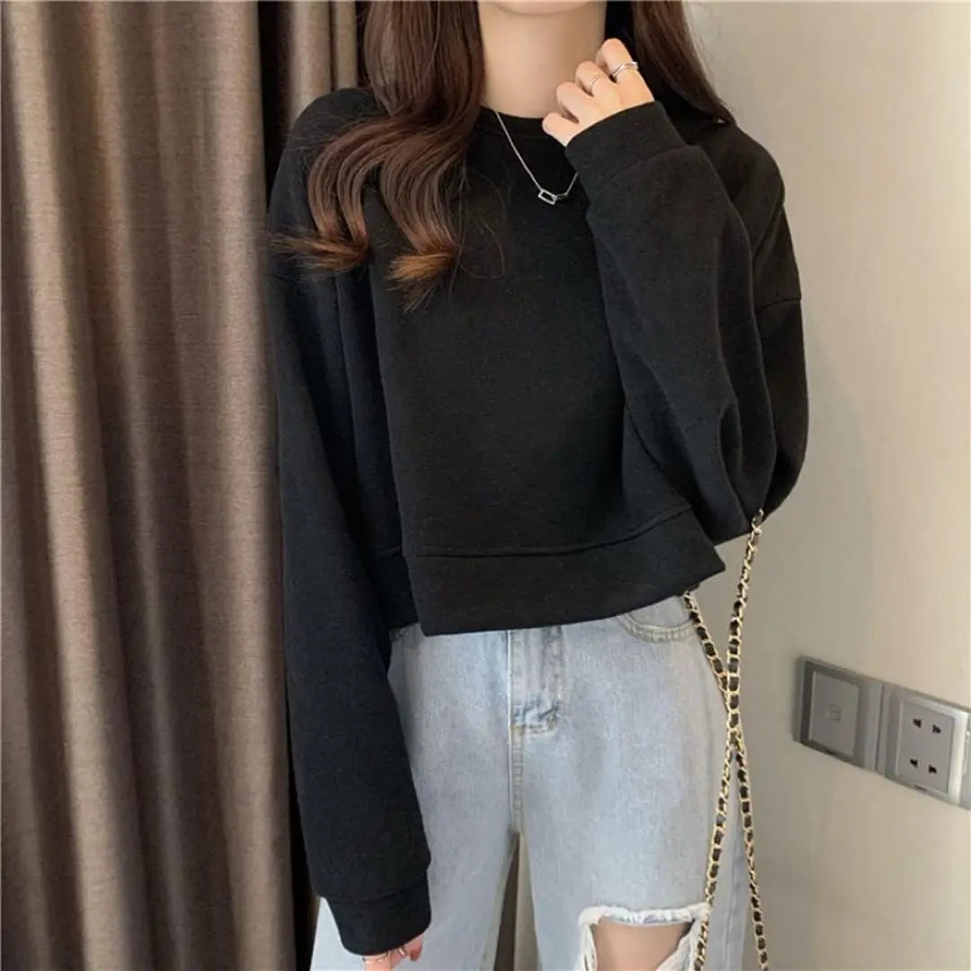 ✨Same-day shipping✨Women's cropped length sweatshirt XL size Black Simple | ✨即日発送✨レディース クロップド丈 トレーナー XLサイズ ブラック シンプル