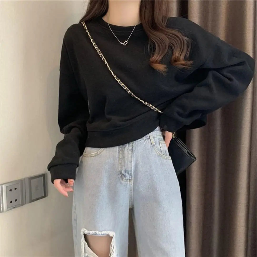 ✨Same-day shipping✨Women's cropped length sweatshirt XL size Black Simple | ✨即日発送✨レディース クロップド丈 トレーナー XLサイズ ブラック シンプル