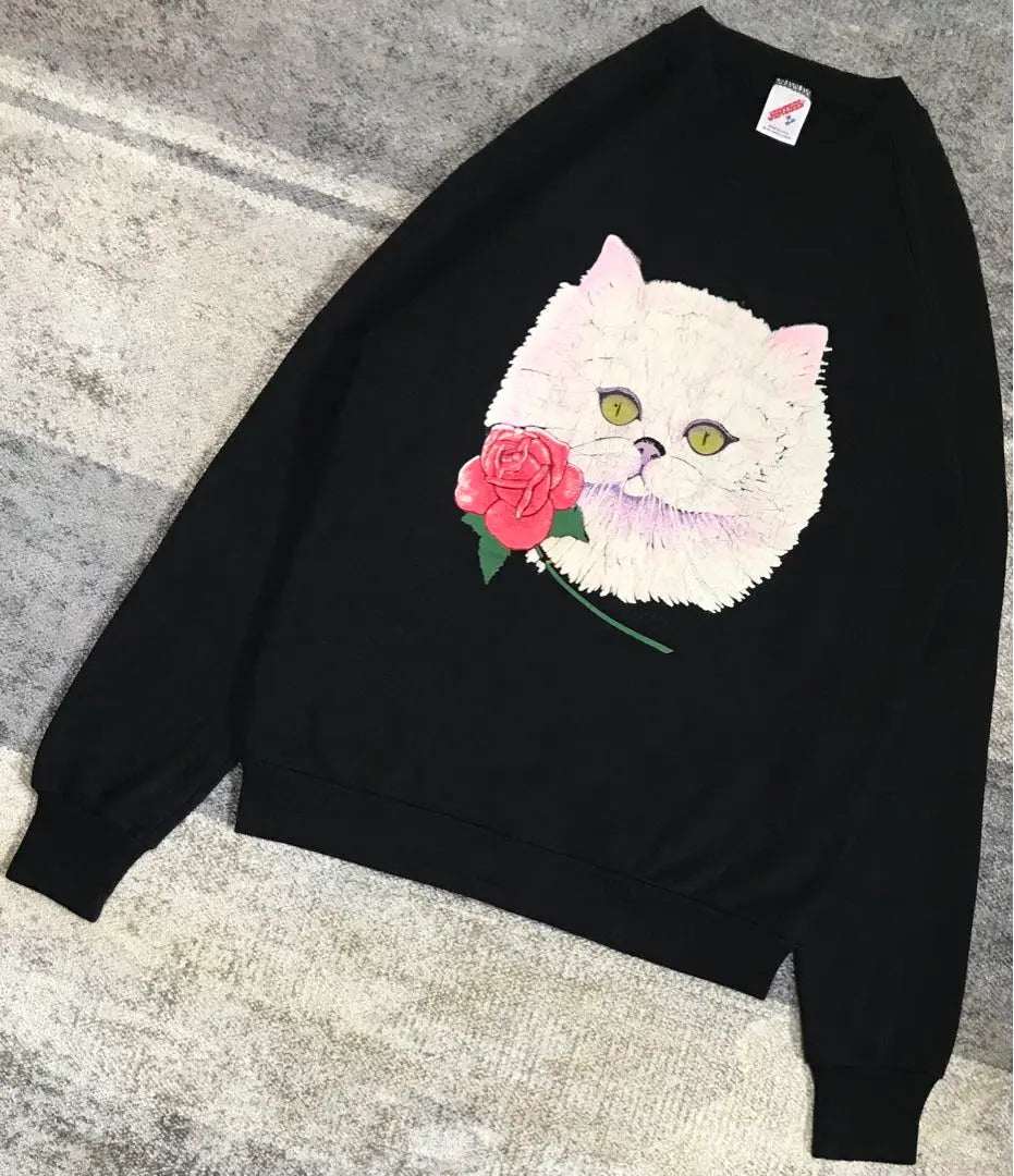 Super rare, cute cat & rose pattern, face cat 80's JERZEES sweatshirt | 超レア 可愛すぎる猫ちゃん&ローズ柄 顔猫 80's JERZEES スウェット