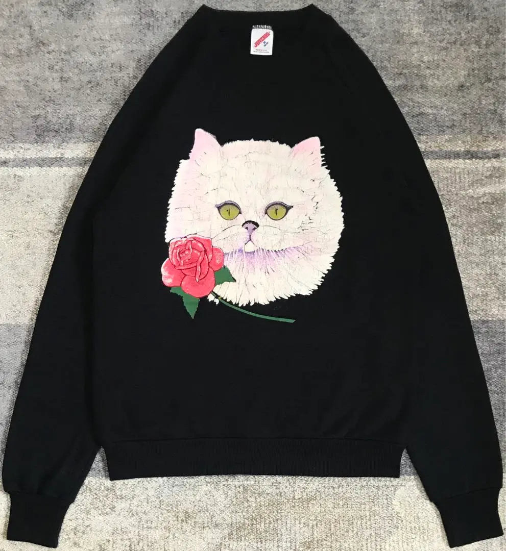 Super rare, cute cat & rose pattern, face cat 80's JERZEES sweatshirt | 超レア 可愛すぎる猫ちゃん&ローズ柄 顔猫 80's JERZEES スウェット