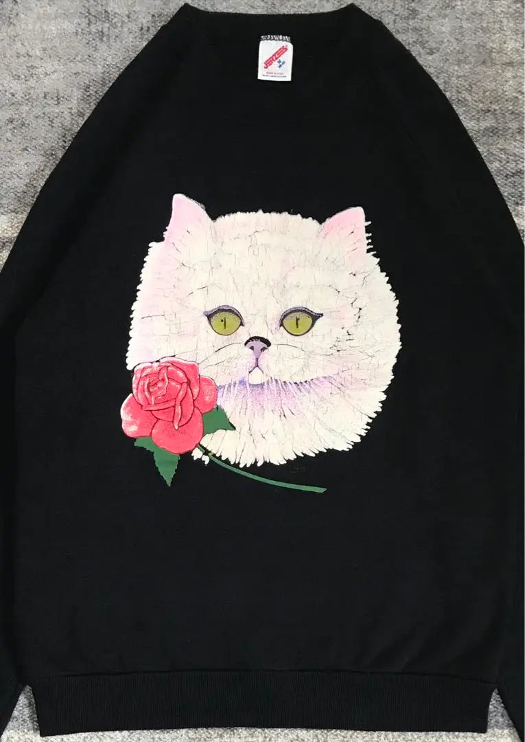 Super rare, cute cat & rose pattern, face cat 80's JERZEES sweatshirt | 超レア 可愛すぎる猫ちゃん&ローズ柄 顔猫 80's JERZEES スウェット