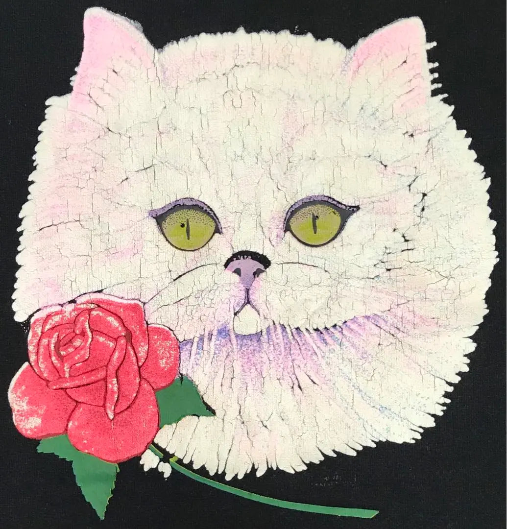 Súper raro, lindo patrón de gato y rosa, sudadera JERZEES de los años 80 con cara de gato | 超レア 可愛すぎる猫ちゃん&amp;ローズ柄 顔猫 JERZEES de los 80 スウェット