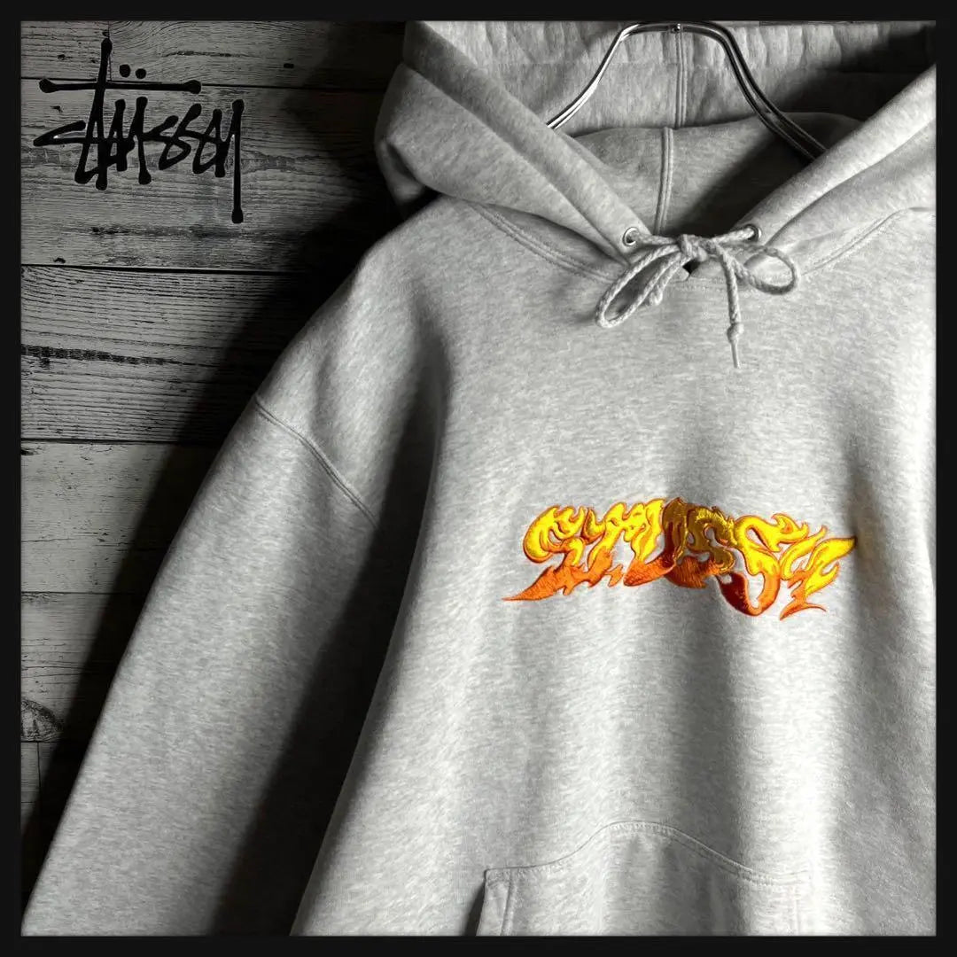 [Rare XL size] Stussy☆ Fire pattern hoodie with embroidered logo