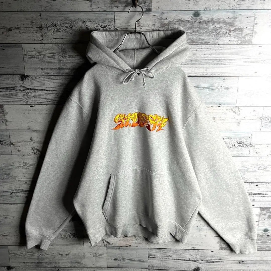 [Rare XL size] Stussy☆ Fire pattern hoodie with embroidered logo