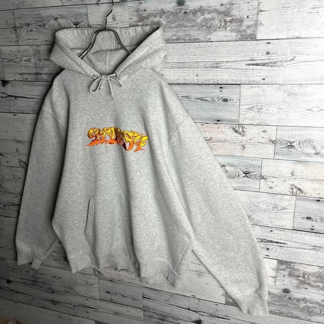 [Rare XL size] Stussy☆ Fire pattern hoodie with embroidered logo