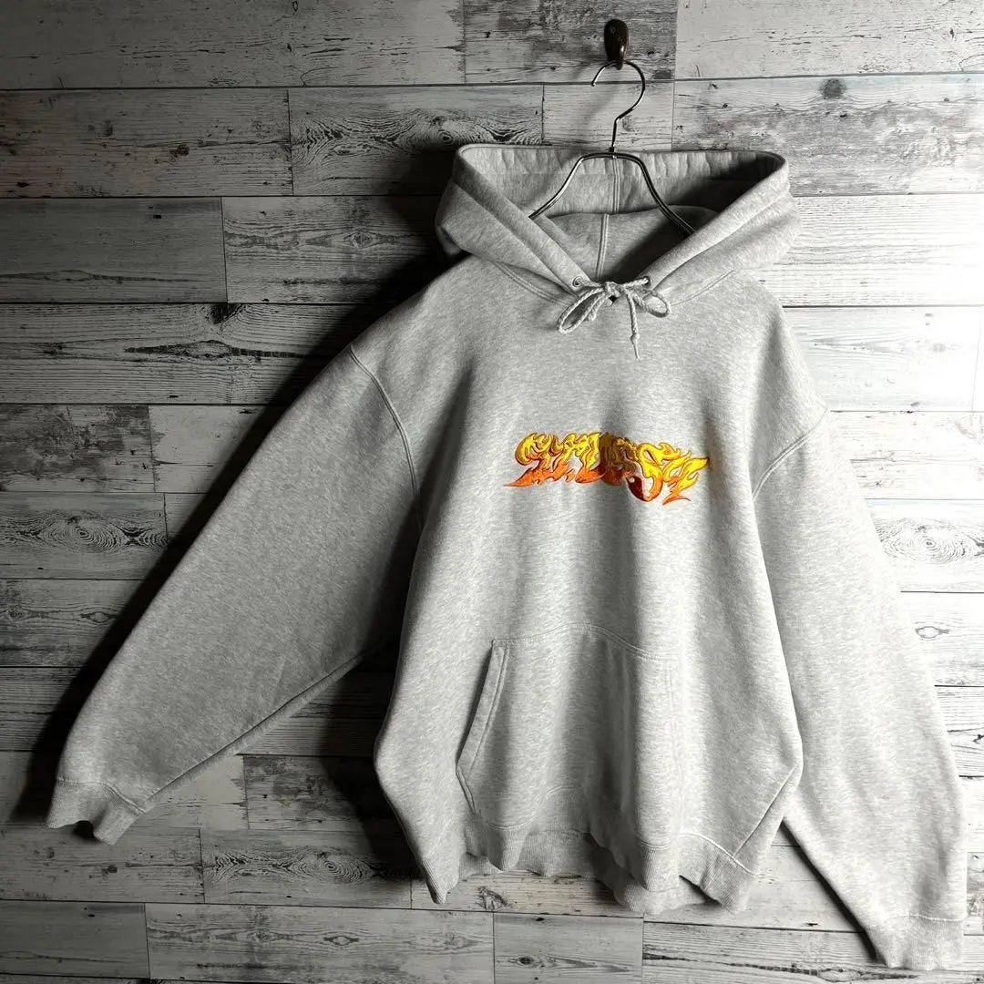 [Rare XL size] Stussy☆ Fire pattern hoodie with embroidered logo