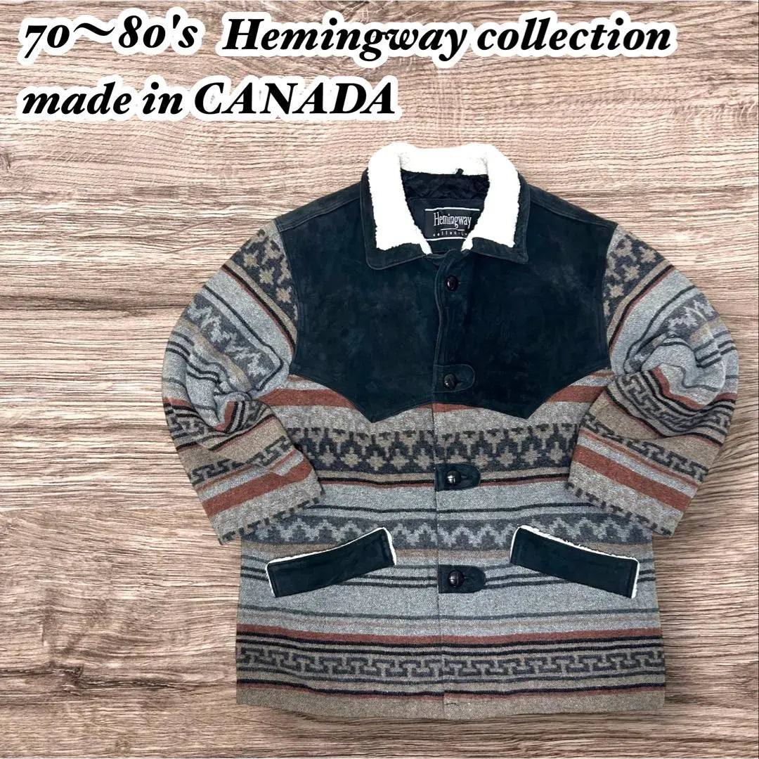 70-80s Hemingway Native Pattern Jacket Genuine Leather Suede Made in Canada