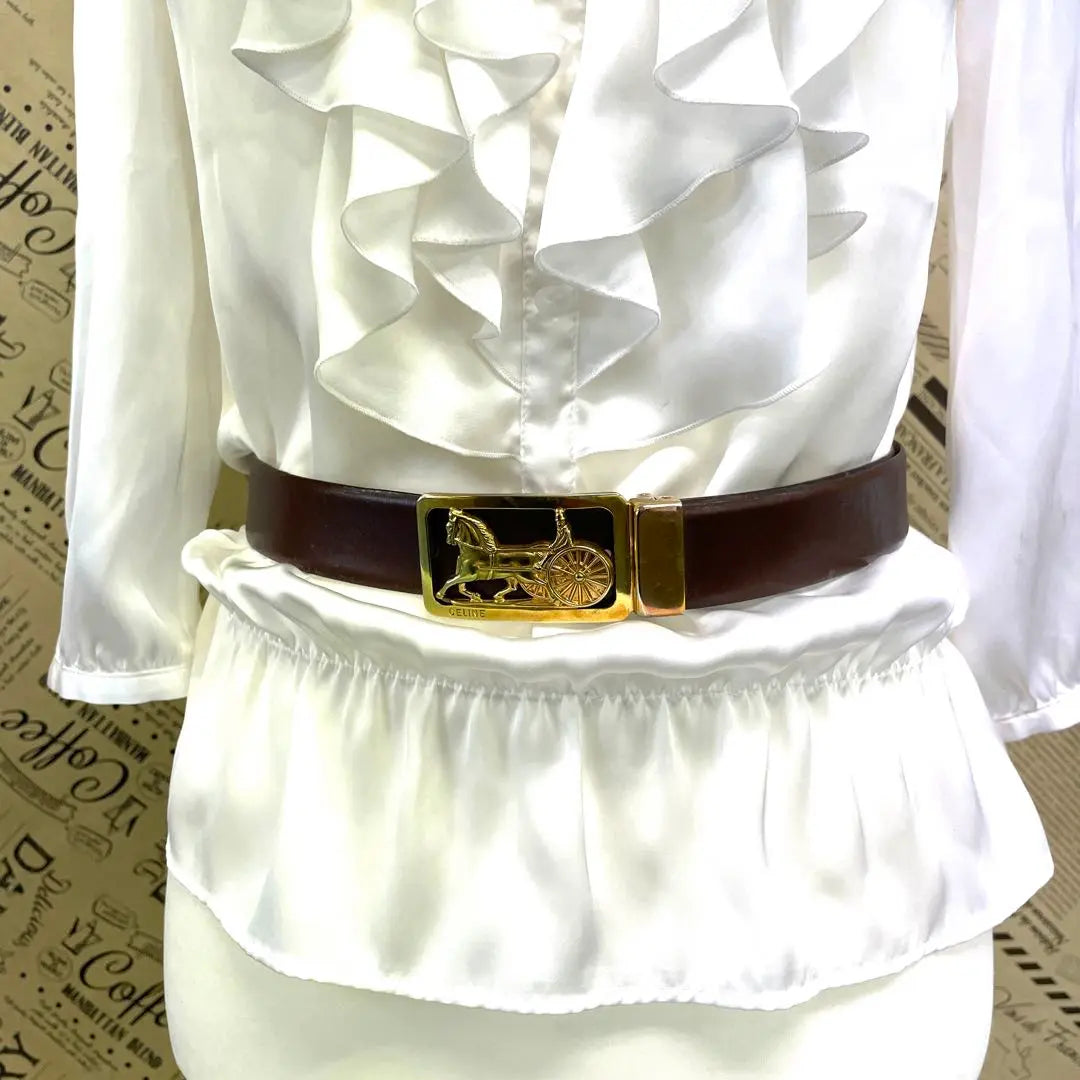 Celine Leather Belt Carriage Buckle Gold FF376 | セリーヌ 革 ベルト 馬車 バックル ゴールド FF376