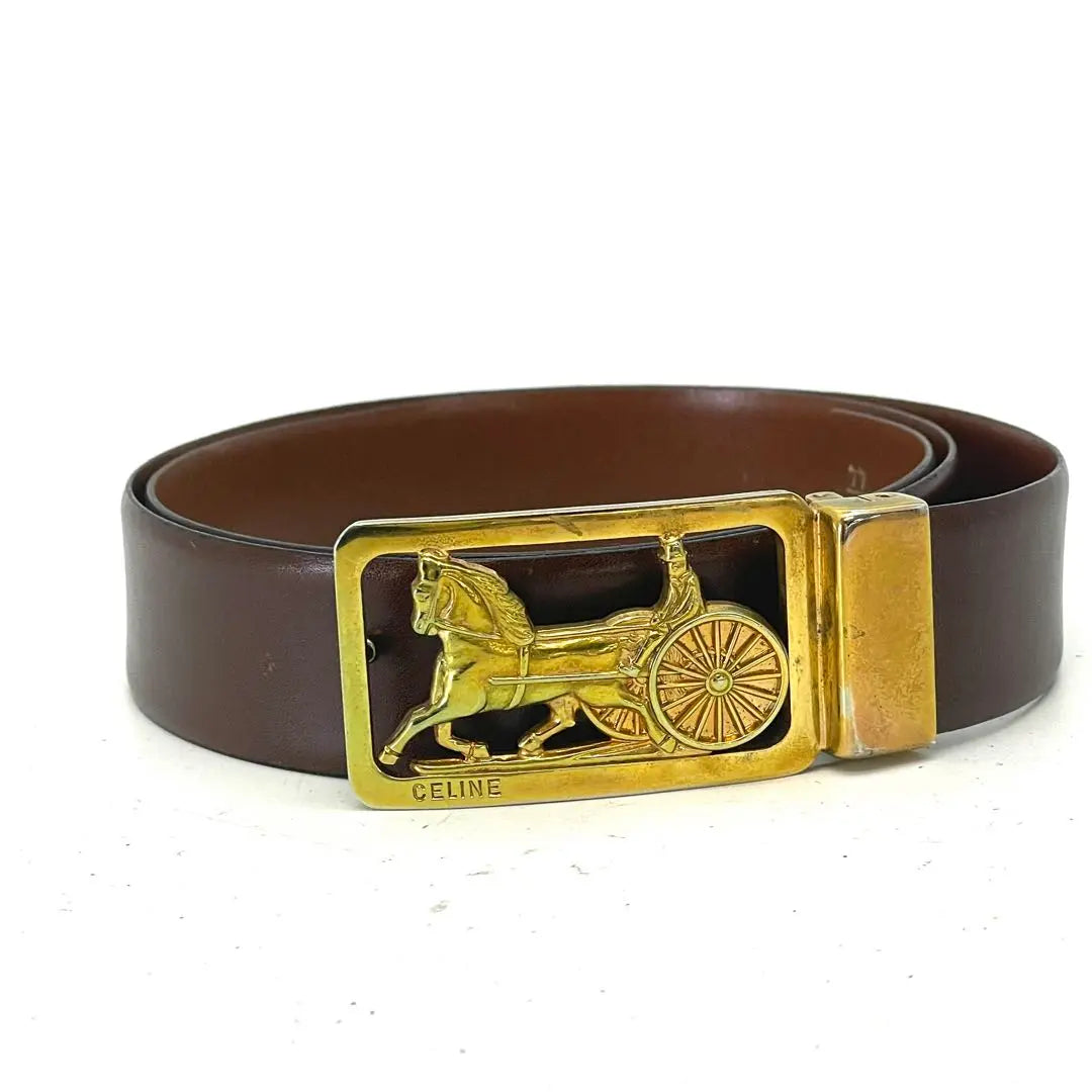 Celine Leather Belt Carriage Buckle Gold FF376 | セリーヌ 革 ベルト 馬車 バックル ゴールド FF376