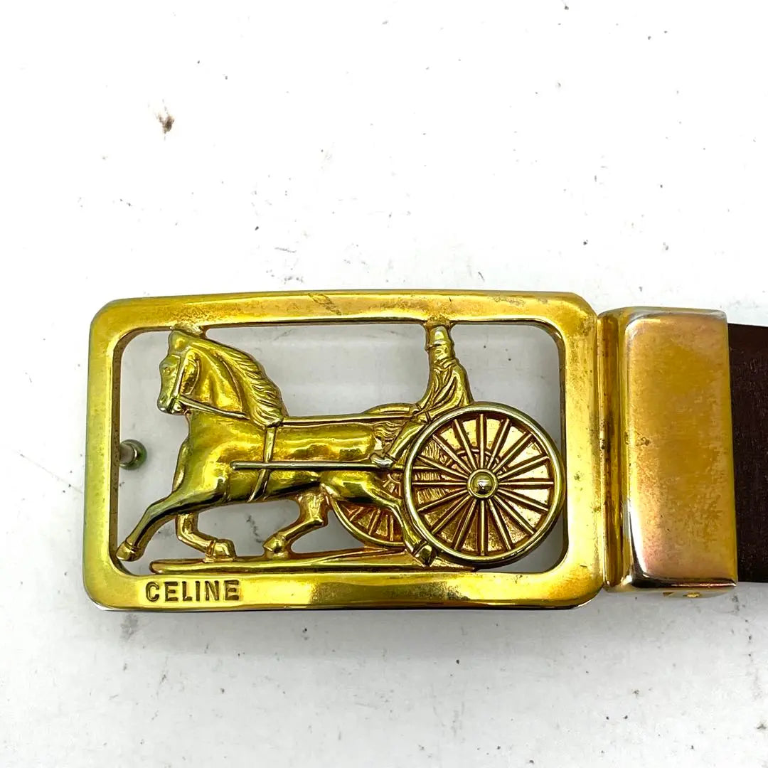 Celine Leather Belt Carriage Buckle Gold FF376 | セリーヌ 革 ベルト 馬車 バックル ゴールド FF376