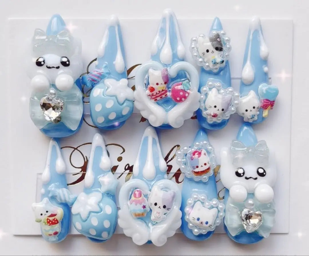 Nail tips Actual Heisei Girls Angels, Rabbit, Cat, Cat, Light Blue, Strawberry, Ribbon