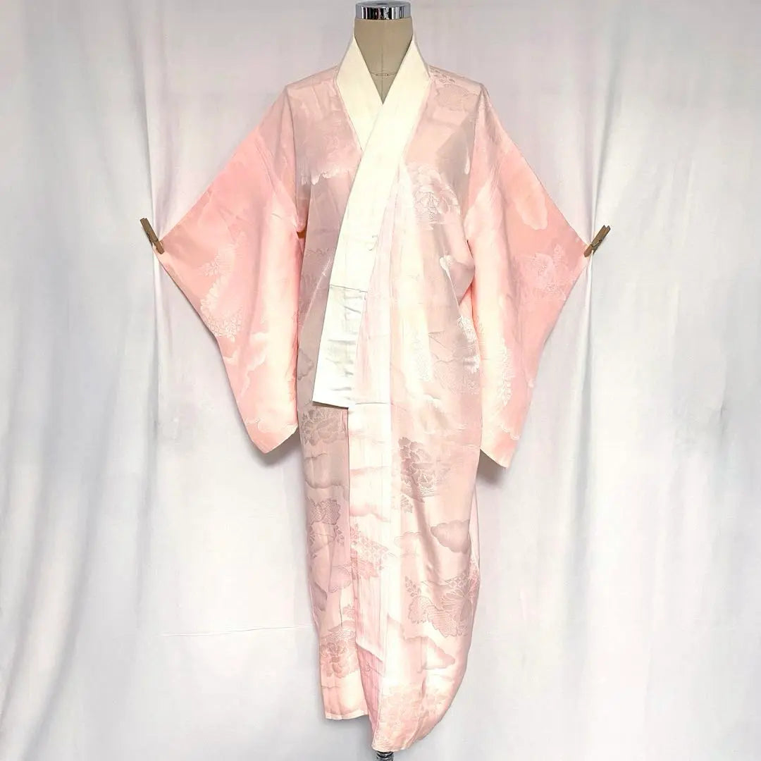 5k719 Long undergarment, pure silk, single-layered, pink, floral, Japanese-style kimono