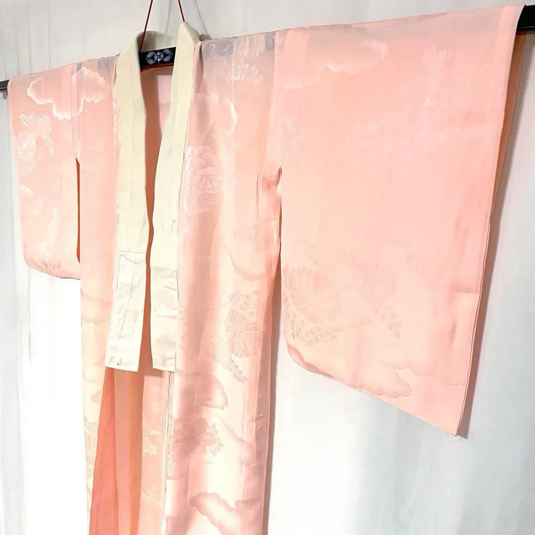 5k719 Long undergarment, pure silk, single-layered, pink, floral, Japanese-style kimono