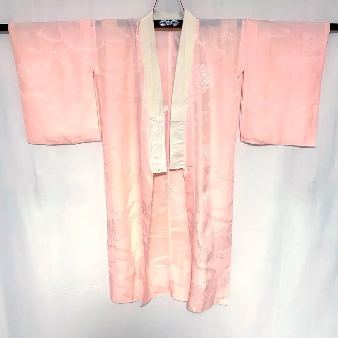 5k719 Long undergarment, pure silk, single-layered, pink, floral, Japanese-style kimono