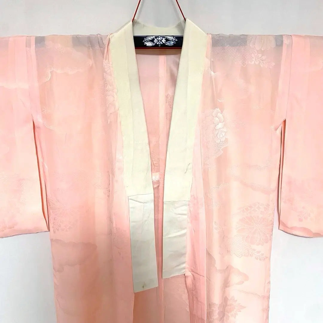 5k719 Long undergarment, pure silk, single-layered, pink, floral, Japanese-style kimono