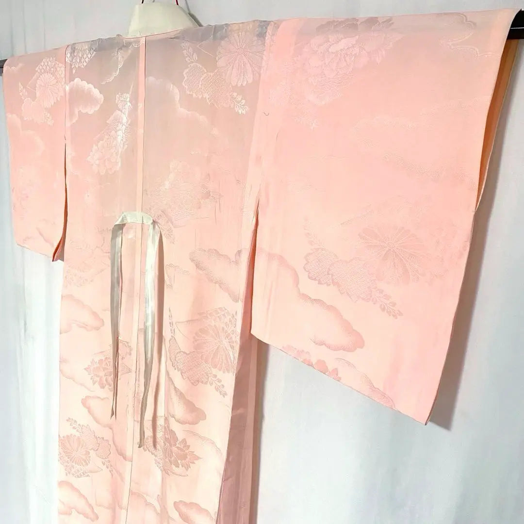 5k719 Long undergarment, pure silk, single-layered, pink, floral, Japanese-style kimono