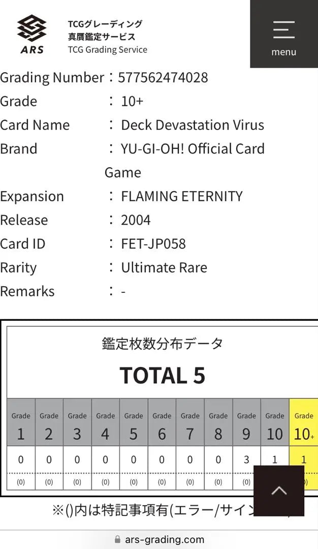 [One card in the world] Yu-Gi-Oh! Demon Deck Destruction Virus 4th Season Relief ARS10 + Authentication Certificate included