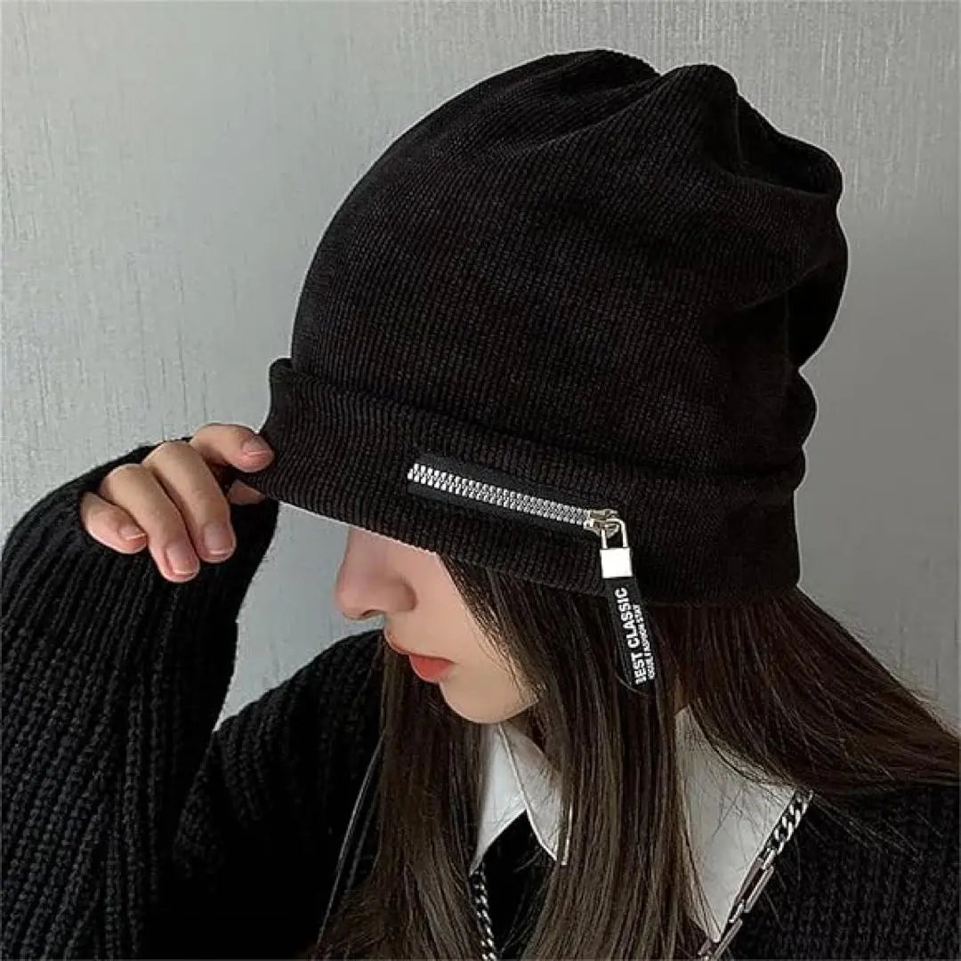 Gorro de punto para mujer, decoración con cremallera, gorro de otoño/invierno, gorro de lana, protección contra el frío, resistente al viento