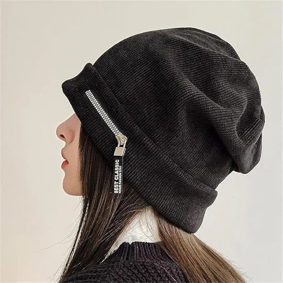 Gorro de punto para mujer, decoración con cremallera, gorro de otoño/invierno, gorro de lana, protección contra el frío, resistente al viento