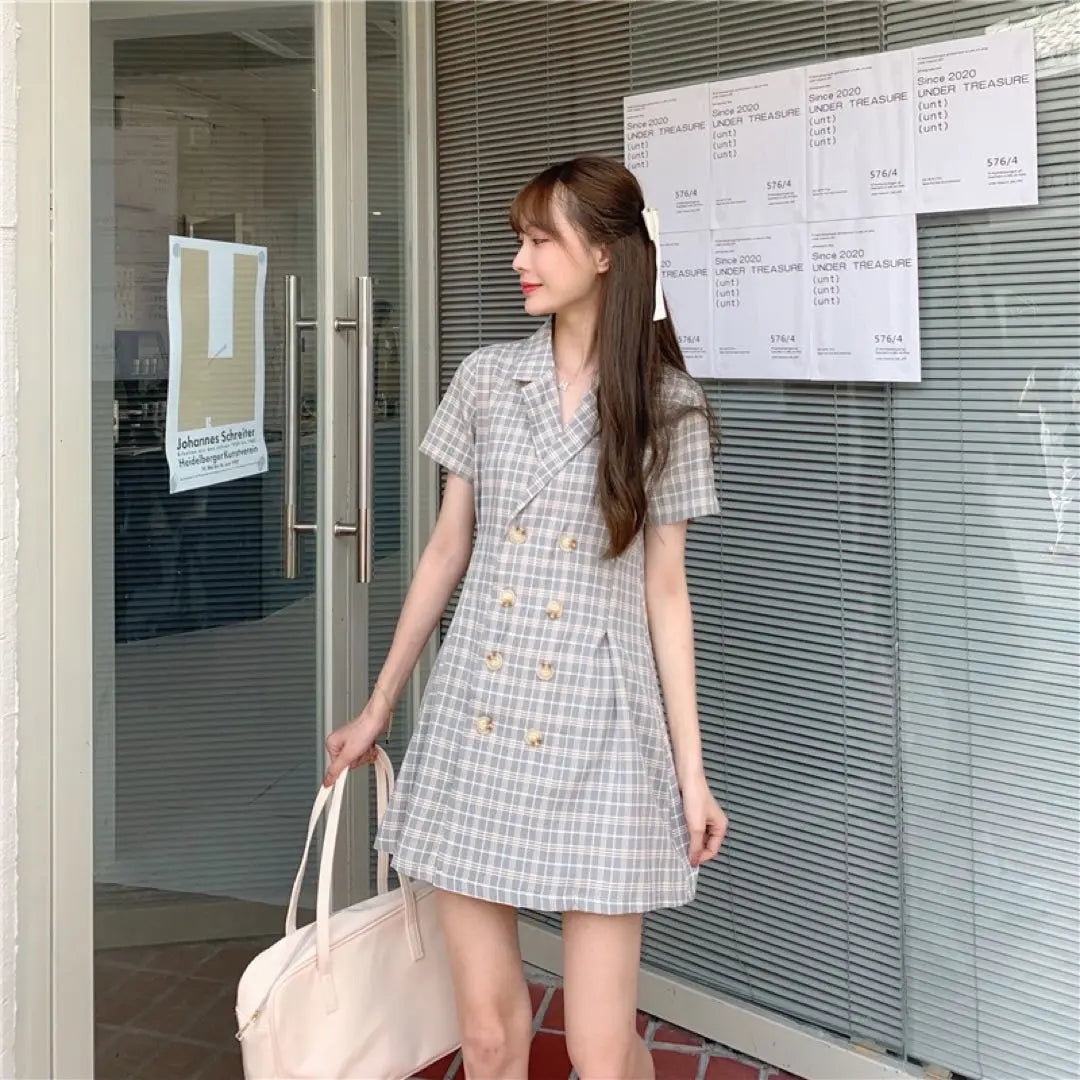 Check wrap dress summer clothes Korean women's