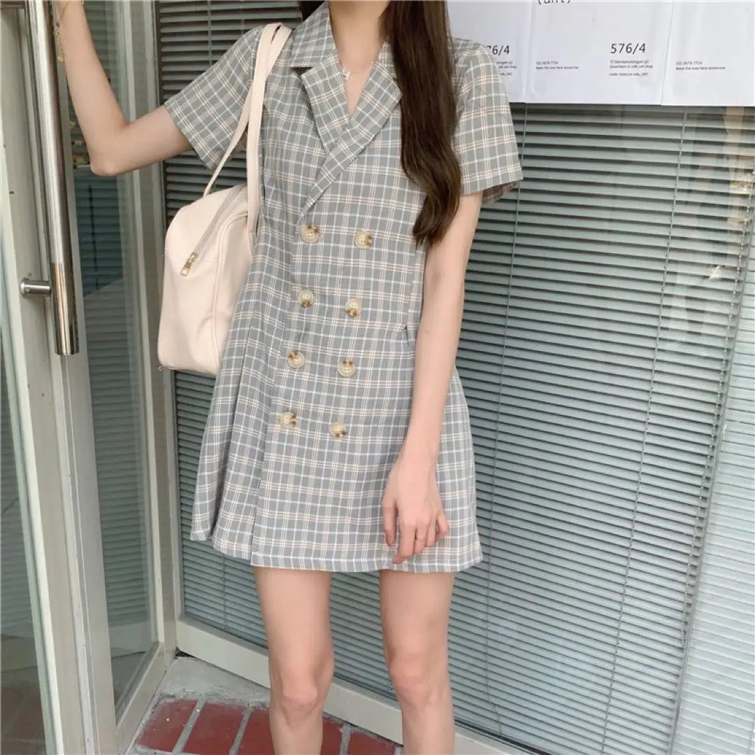 Check wrap dress summer clothes Korean women's