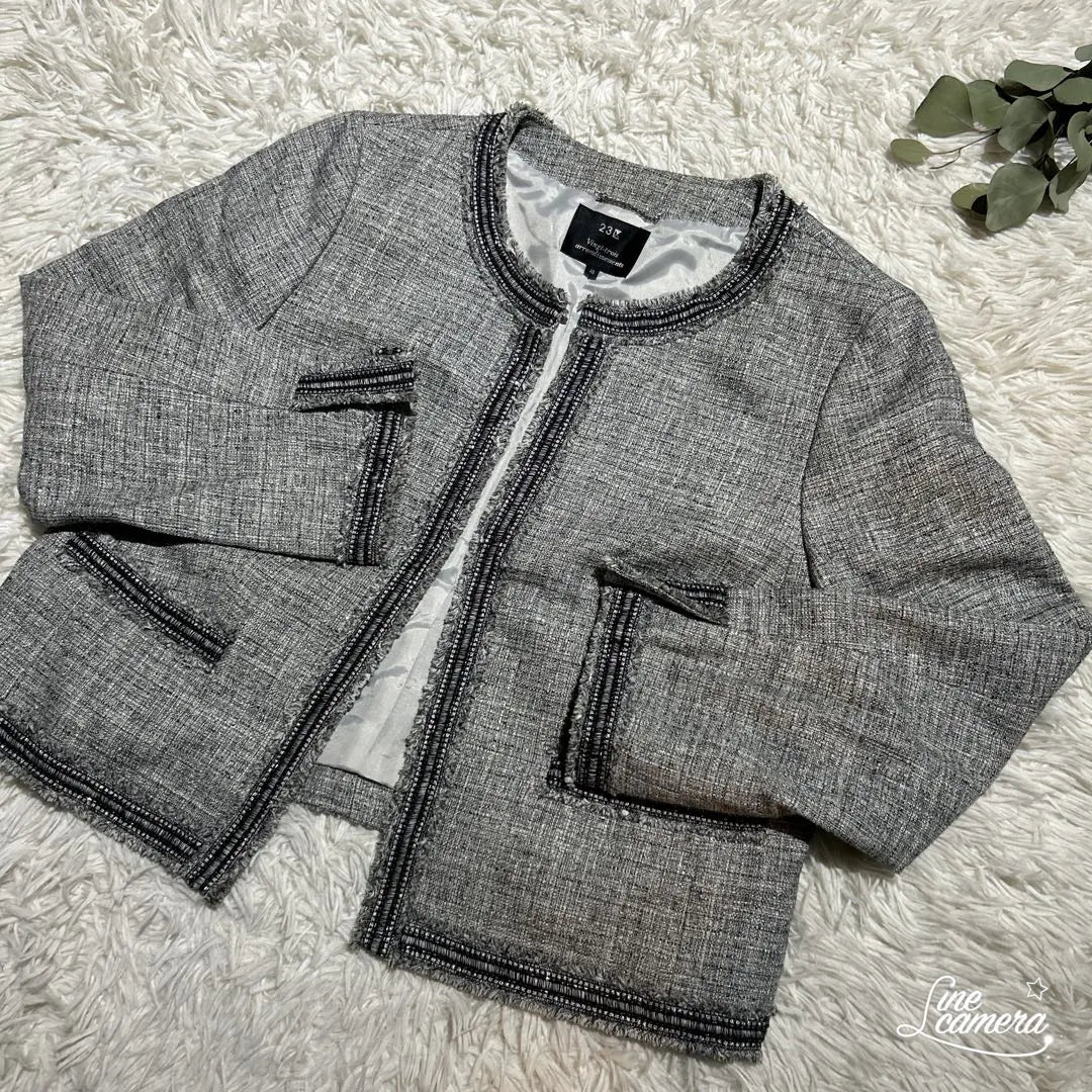 23 salas Mezcla de seda Chaqueta de tweed lamé sin color gris talla 48 | 23区 シルク混 ノーカラー ラメ ツイードジャケット グレー サイズ48