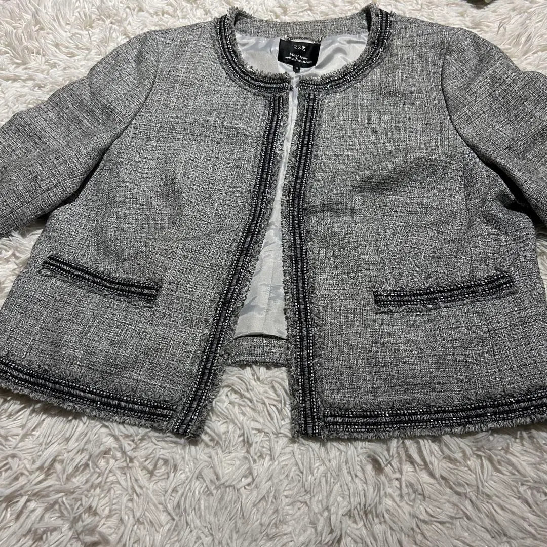 23 wards Silk blend No color lame tweed jacket gray size 48 | 23区 シルク混 ノーカラー ラメ ツイードジャケット グレー サイズ48