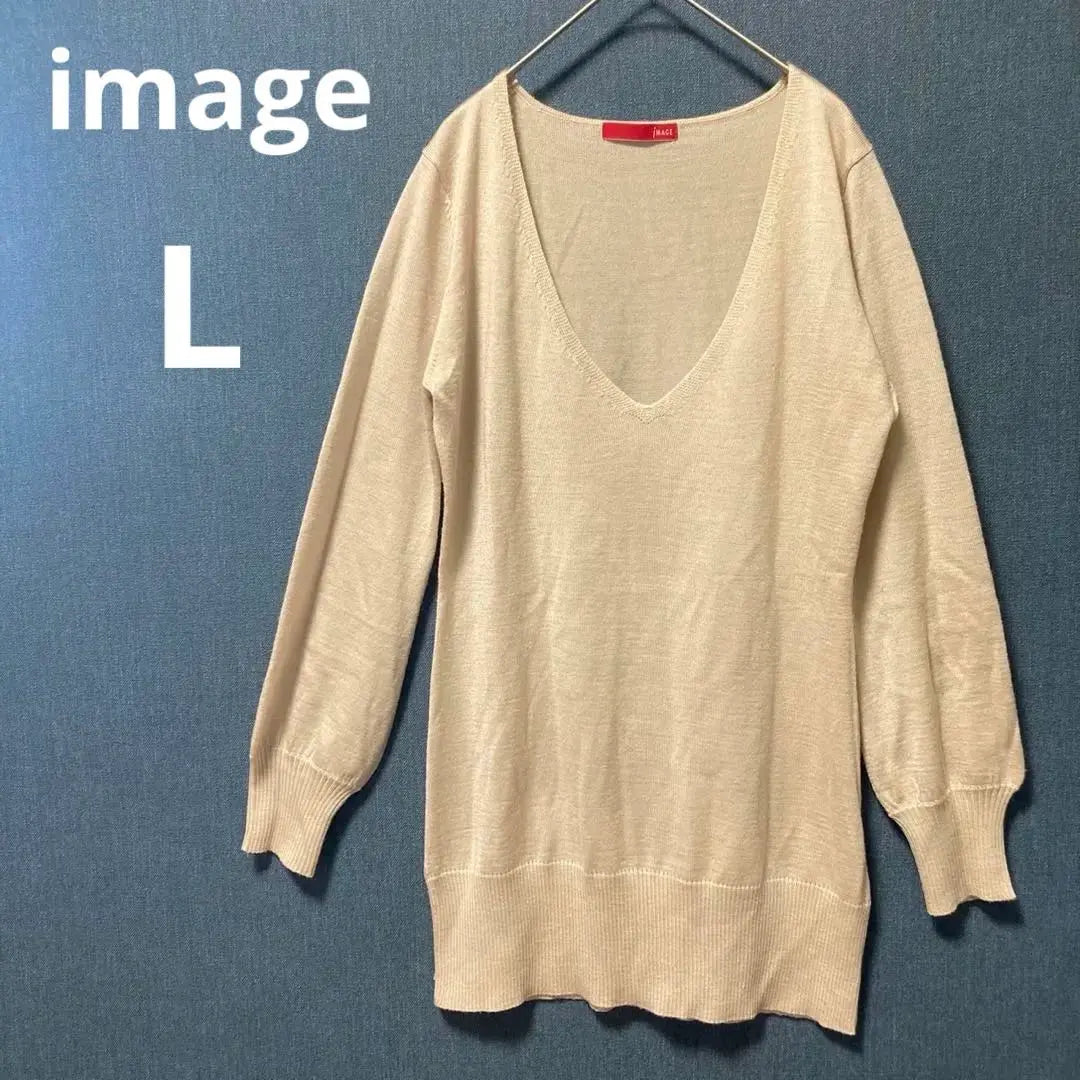 Image L size V-neck thin knit pullover sweater light beige