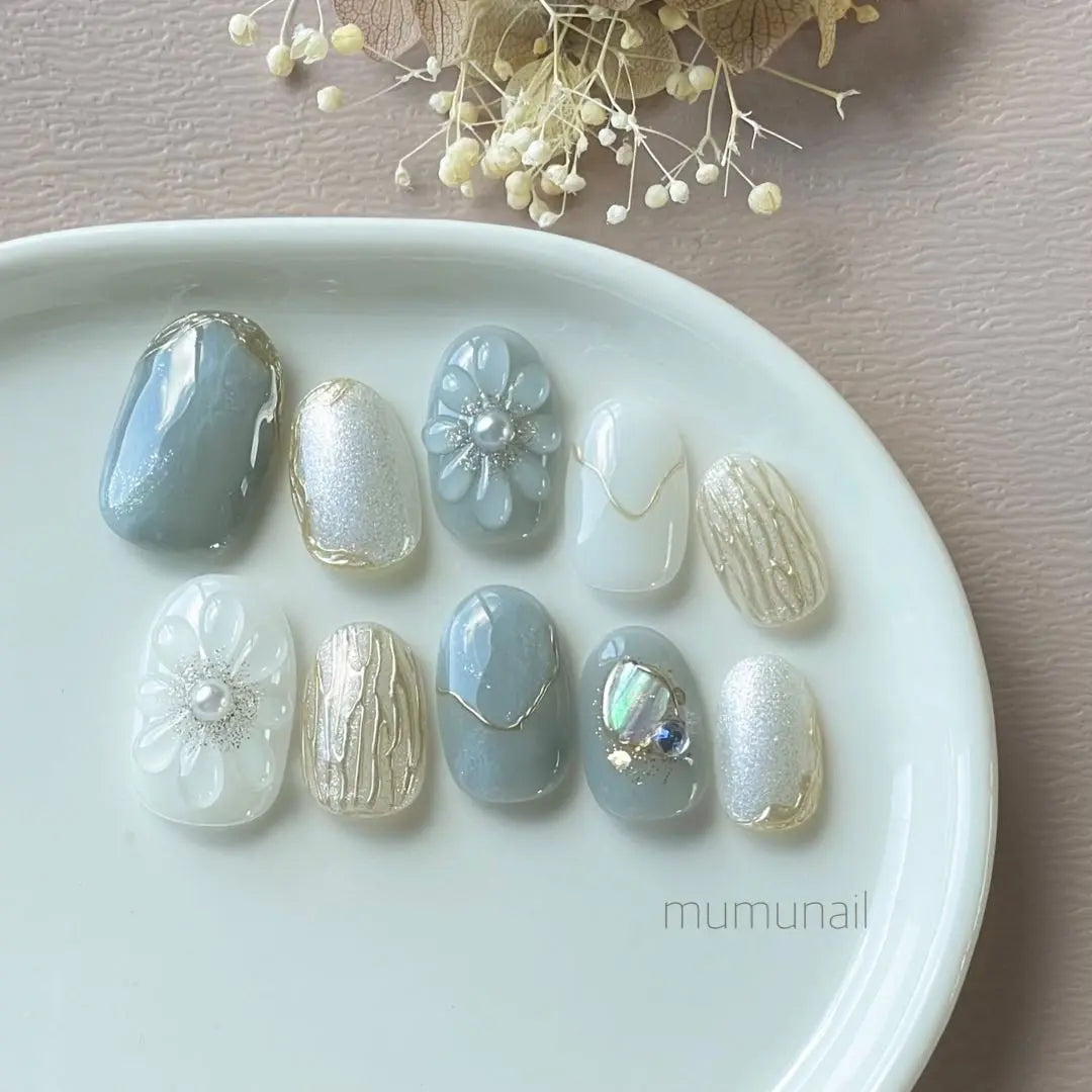 [Size order] Plump flower nail nail chip dull blue | 【サイズオーダー】ぷっくりフラワーネイル　ネイルチップ くすみブルー