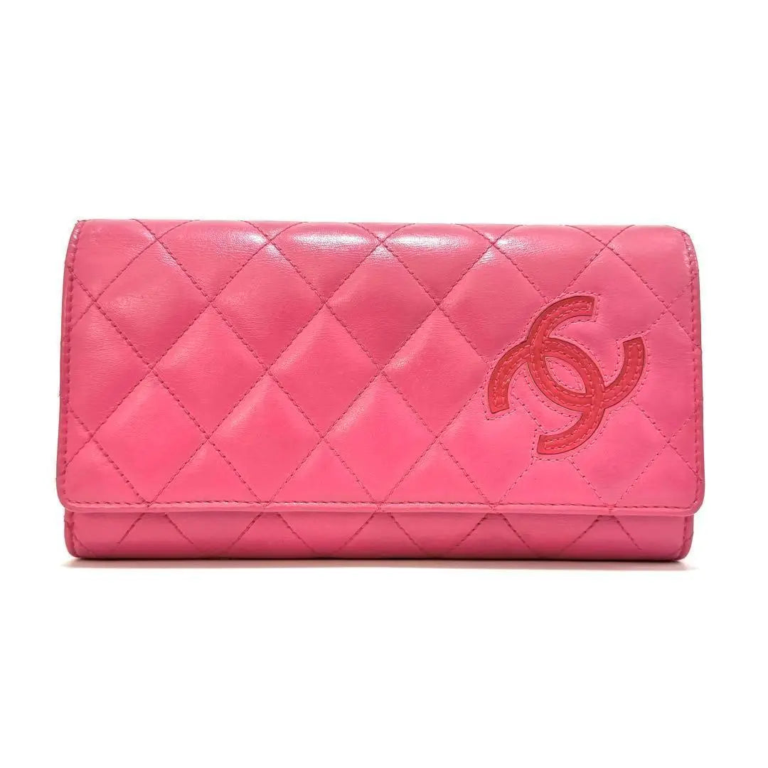 Chanel Long Wallet Simply CC Matelasse Coco Mark Pink Leather Lamb