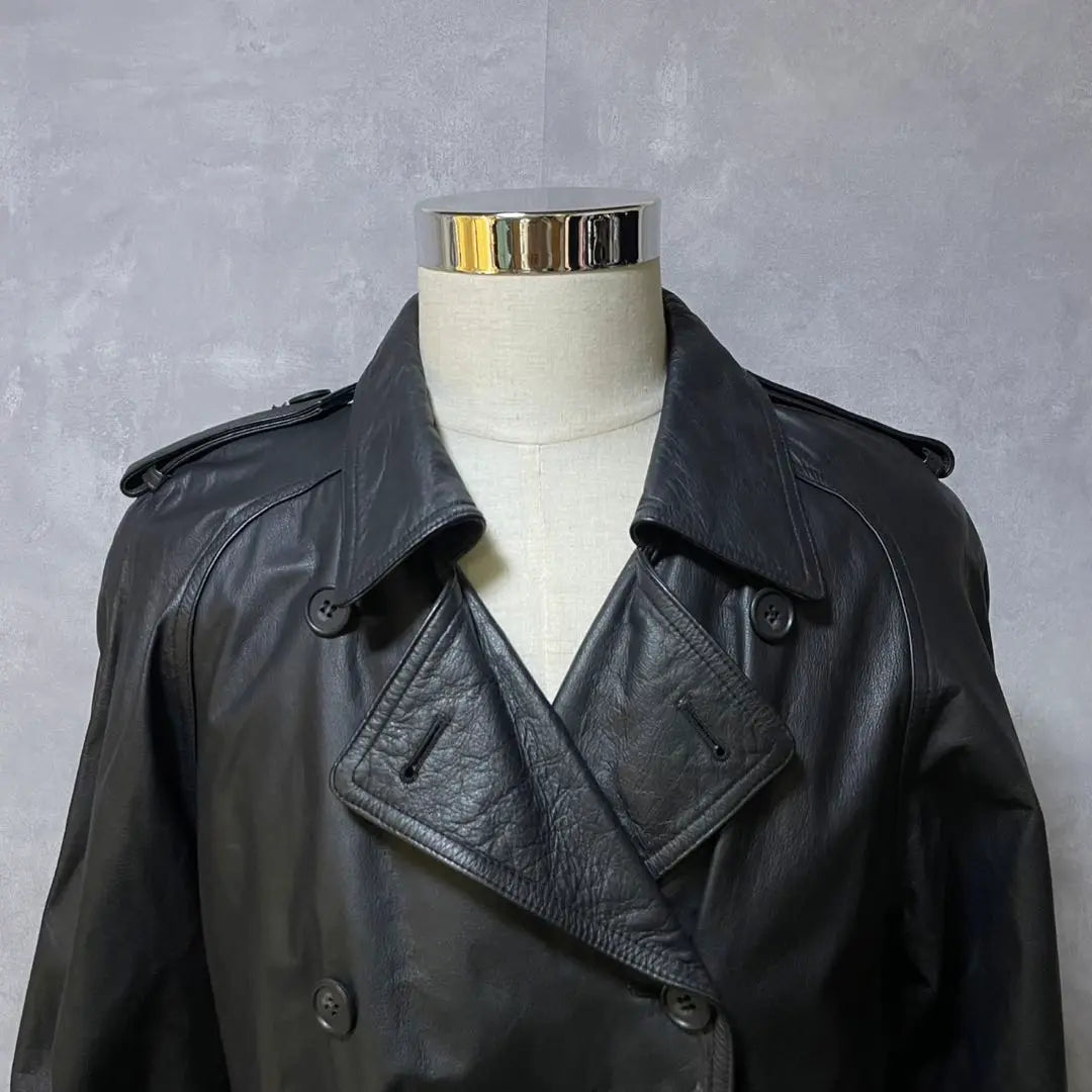 Majestic Leather Trench Coat Double Belt Cowhide Black 2571