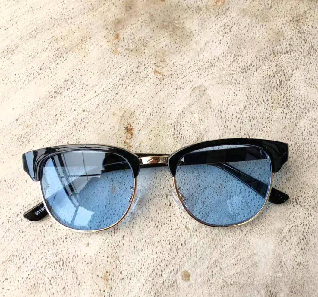 Unused blow type sunglasses, black & gold x light blue, blow type