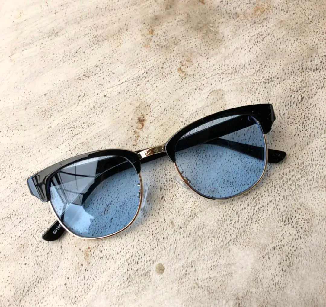 Unused blow type sunglasses, black & gold x light blue, blow type