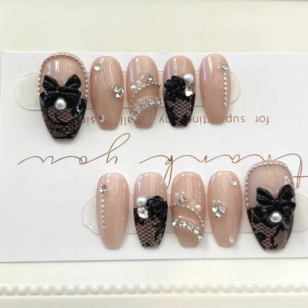 Puntas de uñas personalizadas Coreano Francés Femenino Elegante Uñas de encaje Tendencia Rosa